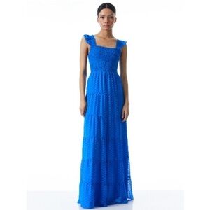 Alice+Olivia KIZZIE SMOCKED FLUTTER SLEEVE TIERED MAXI DRESS SZ 2 Blue Feminine